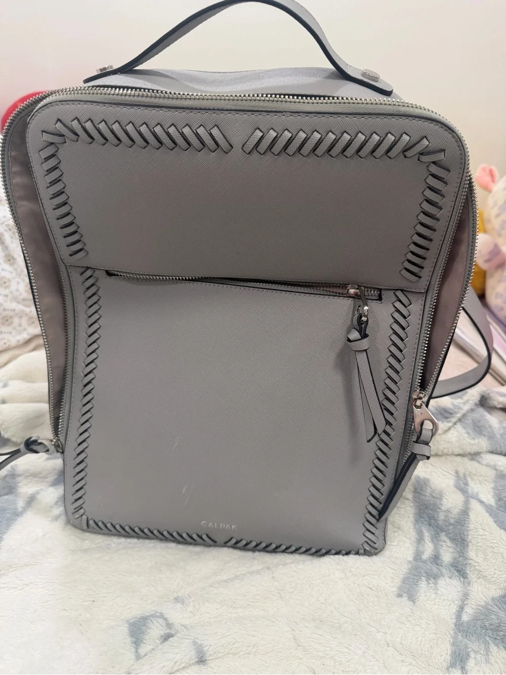 Calpak Gray Leather Laptop Backpack